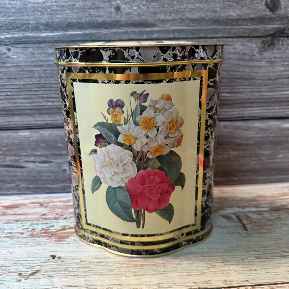 Floral Decorative Tin with Gold Accents Made in England black pink & gold